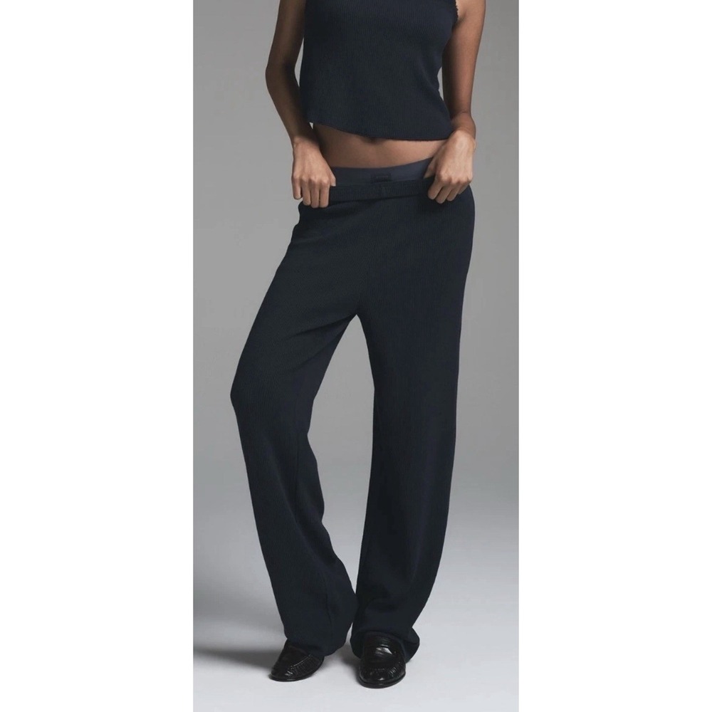 SKIMS Heavy Waffle Straight Leg Pants Womens Small Knit Thermal Stretch Navy